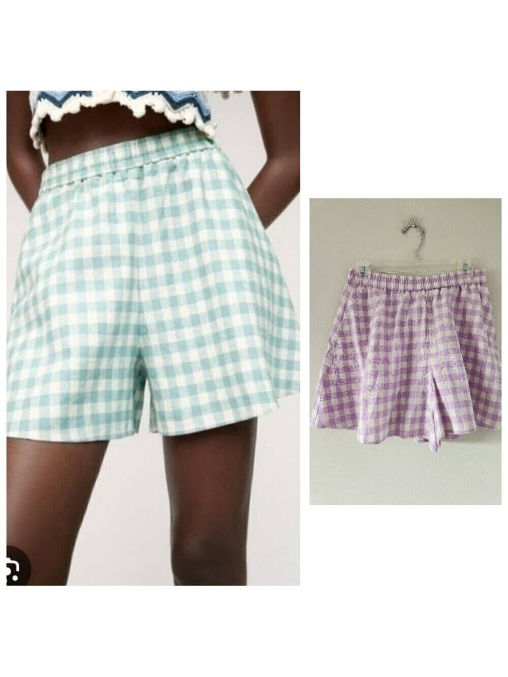 ZARA | Purple Lilac Gingham Checked Linen Blend High Waisted Bermuda Shorts Sz S